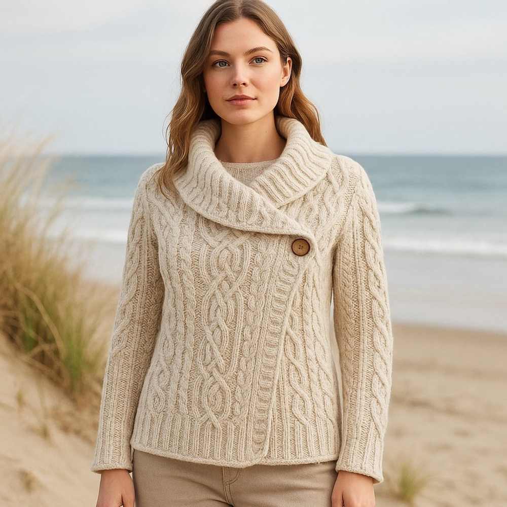 Aran Mor Ireland 100% Merino Wool Cable Knit Wrap Sweater – Medium